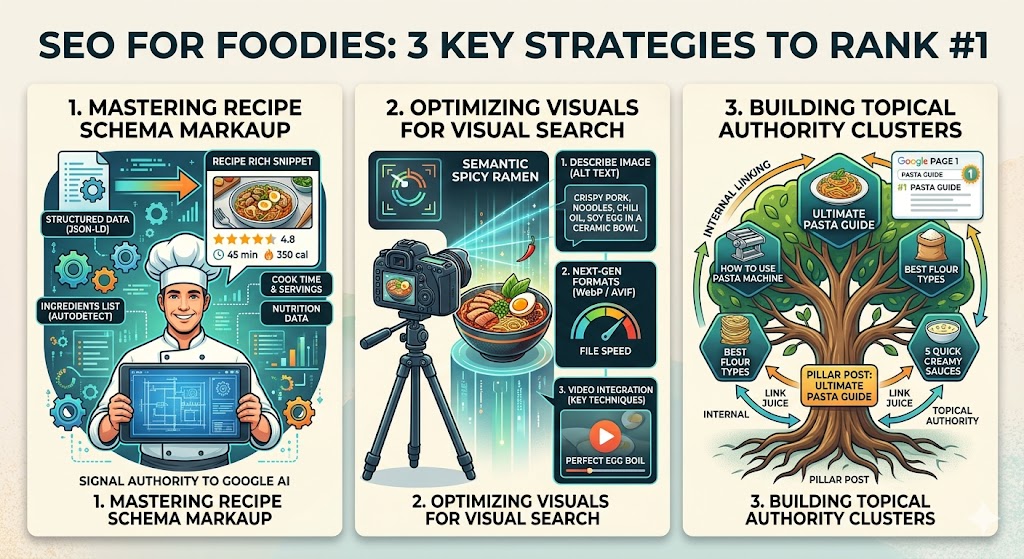 SEO for foodies, recipe SEO, food blog SEO, recipe schema markup, semantic keywords for recipes, core web vitals for food blogs, topical authority SEO, Google SGE recipes, recipe ranking 2026, how to rank recipes on Google, food blogger SEO tips, recipe optimization, structured data for recipes, jump to recipe button, recipe photography SEO