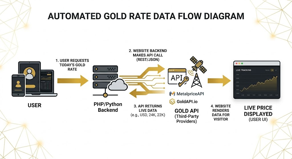 Diagram showing how gold API works: user request → website → MetalpriceAPI → live gold prices displayed on page today gold rategold price checker website earn money from adsense make money online gold rate tracker