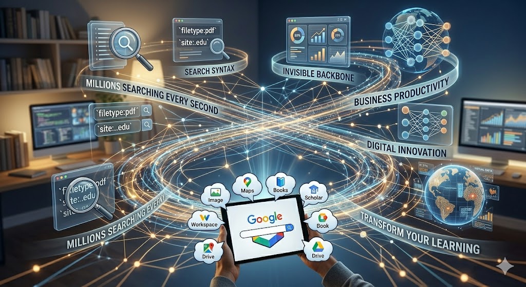 Top Left Panel (Weight Loss): Titled "1. WEIGHT LOSS TIPS GUIDELINES," showing a smiling, athletic woman in a kitchen holding a glass of green smoothie and a kitchen scale, next to an upward-trending progress arrow and an icon of a weight scale.Top Middle Panel (News): Titled "GLOBAL NEWS," depicting a crowd of people holding up smartphones to record a large outdoor digital billboard that reads "BREAKING NEWS HEADLINES" against a cityscape backdrop. Top Right Panel (Facebook Login): Titled "FACEBOOK LOGIN," featuring a hand holding a modern smartphone displaying a clean Facebook mobile login interface with a glowing blue digital padlock icon floating over the screen. Bottom Left Panel (YouTube): Titled "YOUTUBE CHANNEL GUIDE," showing a stylized illustration of a female content creator sitting at her desk with a tablet, surrounded by floating YouTube play icons, a video camera, and creative design tools. Bottom Middle Panel (Google): Titled "GOOGLE SEARCH TOOLS," displaying a user holding a tablet that shows a Google search bar, surrounded by floating circular app icons for Google Drive, Maps, Books, Workspace, and Google Scholar. Bottom Right Panel (Weather): Titled "LOCAL WEATHER REPORT," featuring a split graphic showing a sunny green landscape on the left side and a dark, stormy town with rain and lightning on the right side, connected by meteorological weather icons.