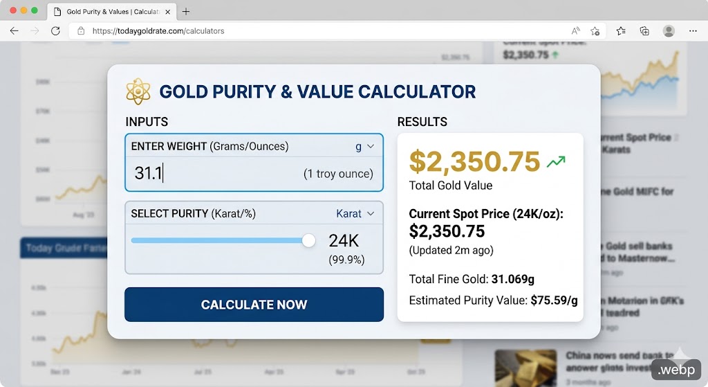 Interactive gold purity calculator widget with input boxes for grams to tola conversion and 24K to 22K price calculationgoogle adsense approval tips passive income websites high cpc niche 2026 gold calculator widget micro niche blog ideas
