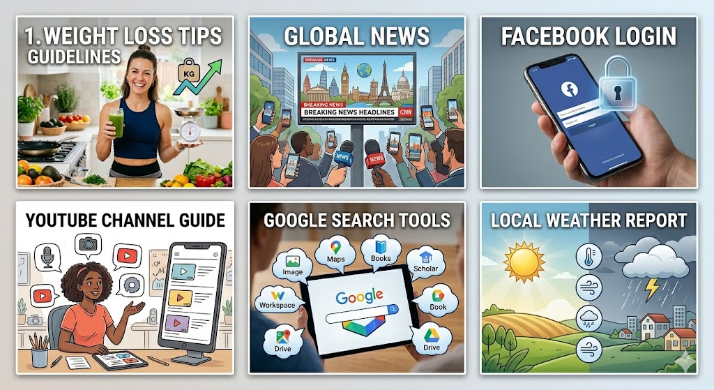 Top Left Panel (Weight Loss): Titled "1. WEIGHT LOSS TIPS GUIDELINES," showing a smiling, athletic woman in a kitchen holding a glass of green smoothie and a kitchen scale, next to an upward-trending progress arrow and an icon of a weight scale.Top Middle Panel (News): Titled "GLOBAL NEWS," depicting a crowd of people holding up smartphones to record a large outdoor digital billboard that reads "BREAKING NEWS HEADLINES" against a cityscape backdrop. Top Right Panel (Facebook Login): Titled "FACEBOOK LOGIN," featuring a hand holding a modern smartphone displaying a clean Facebook mobile login interface with a glowing blue digital padlock icon floating over the screen. Bottom Left Panel (YouTube): Titled "YOUTUBE CHANNEL GUIDE," showing a stylized illustration of a female content creator sitting at her desk with a tablet, surrounded by floating YouTube play icons, a video camera, and creative design tools. Bottom Middle Panel (Google): Titled "GOOGLE SEARCH TOOLS," displaying a user holding a tablet that shows a Google search bar, surrounded by floating circular app icons for Google Drive, Maps, Books, Workspace, and Google Scholar. Bottom Right Panel (Weather): Titled "LOCAL WEATHER REPORT," featuring a split graphic showing a sunny green landscape on the left side and a dark, stormy town with rain and lightning on the right side, connected by meteorological weather icons.